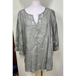 Edward Womens 100% Irish Linen Green Khaki 3/4 Sleeve Embroidered Button Blouse
